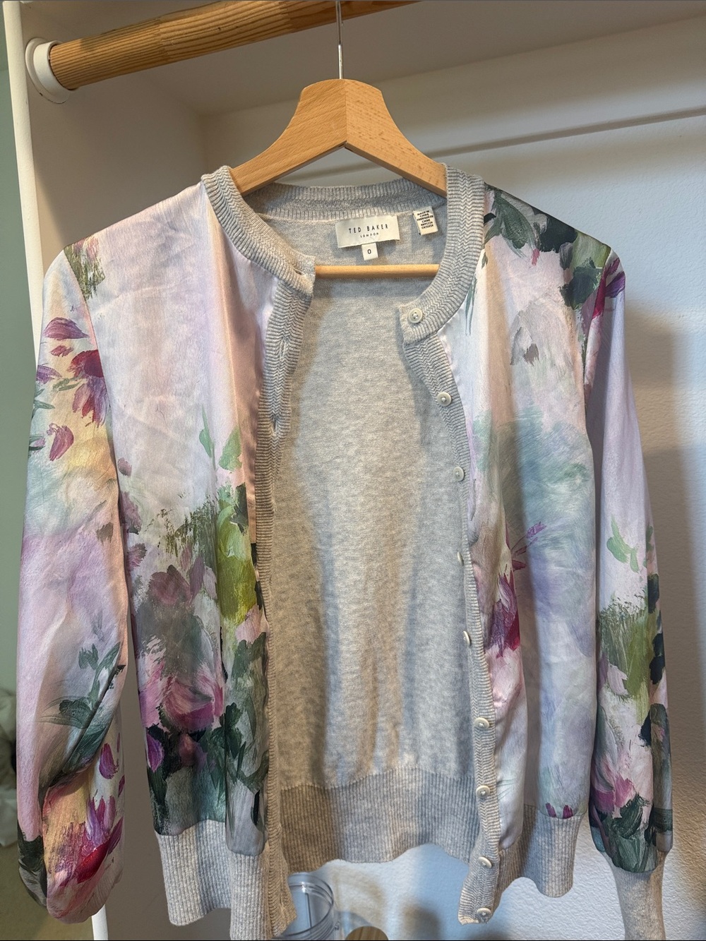 Ted Baker Pastel Floral Cardigan Sweater - Light Gray with Pink & Green